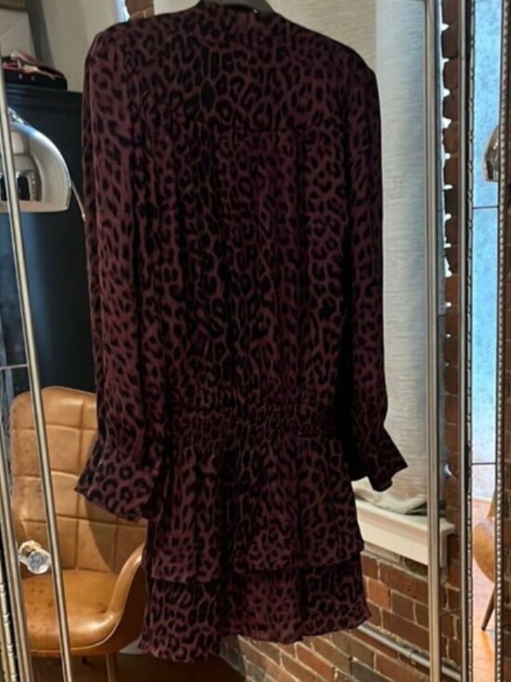 Parker Black Purple Leopard Print Long Sleeve Ruffle Mini Dress S - Picture 3 of 6